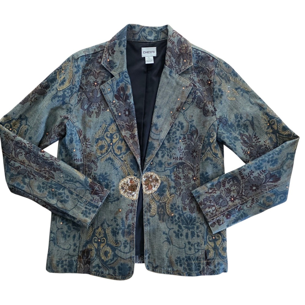 Chico's Denim Blazer Jacket Blue Damask Tapestry Embroidered Beaded Size 0 Small